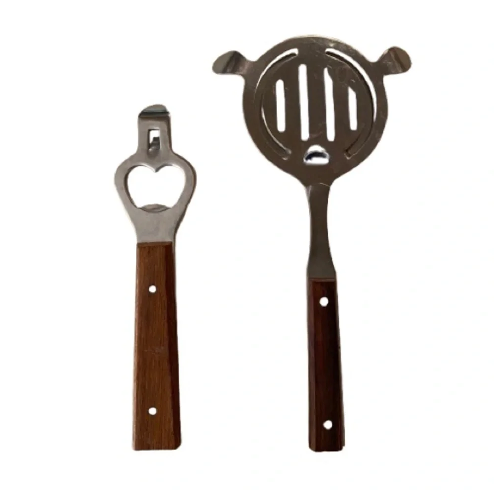 Vintage MCM Stainless Steel Bar Tool Set with Wood Handles 2 Piece Retro Rustic